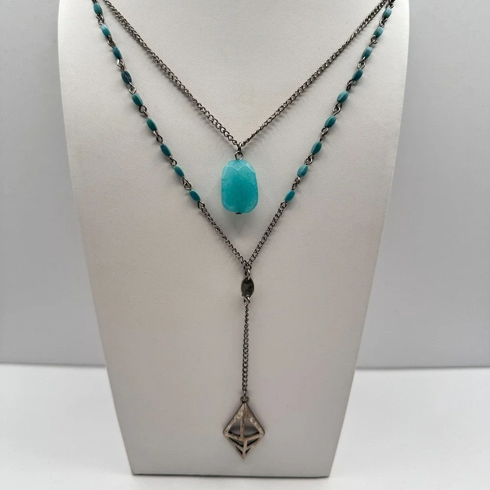 Vintage Y2K Multi Stand Necklace Silver Tone Faux Turquoise Jewelry